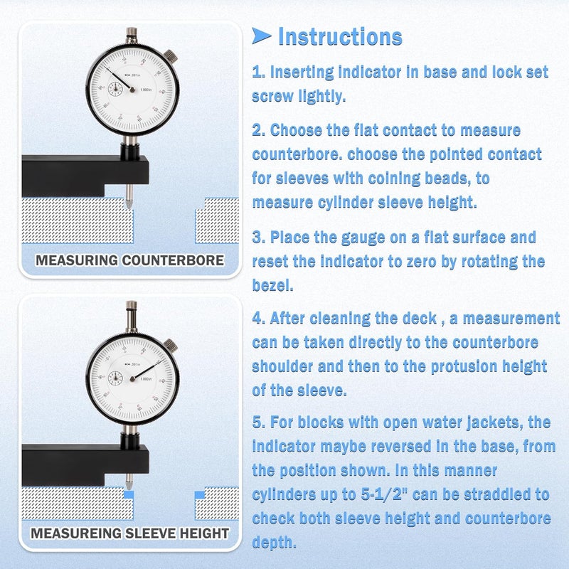 Winsgor 6434 Sleeve Height and Counter Bore Gauge for All Diesel Engines Cylinder Bore Gauge and Engines with Sleeved Cylinders Compatible with Caterpillar,Cummins,Detroit Diesel - Image 4